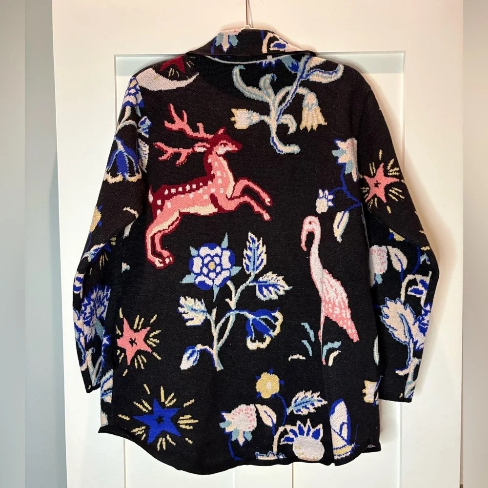 183 Anthropologie Icon Sweater Coat Jacket Deer Flamingo Animals Black size M - Picture 5 of 12